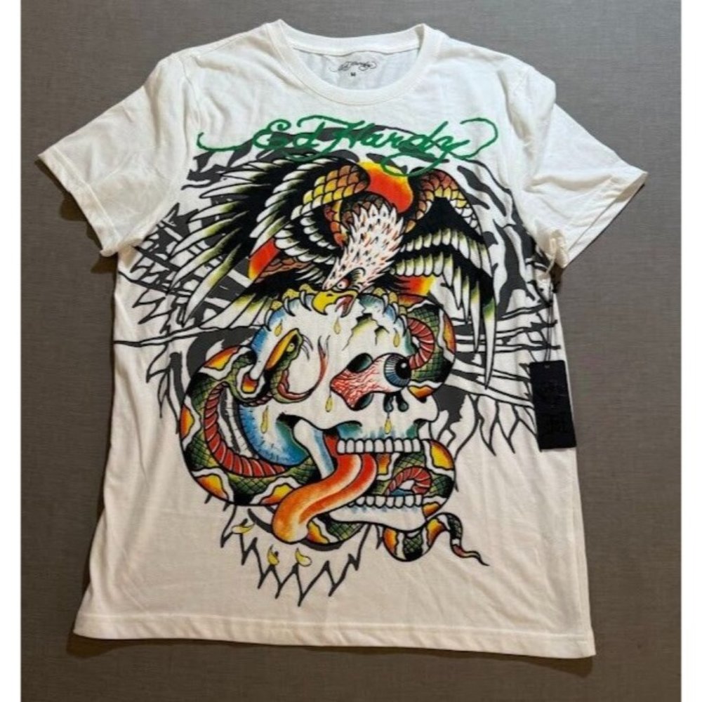 Ed Hardy Tattoo Shirt Adult Medium White Logo Short Sleeve Pullover Tee Mens.